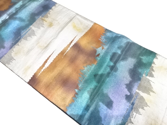 アンティーク　寺院に樹木風景模様織り出し袋帯（着用可）